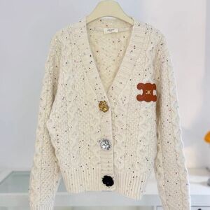 Celine Cream Multicolor Speckled Cable-Knit Cardigan with Decorative Buttons